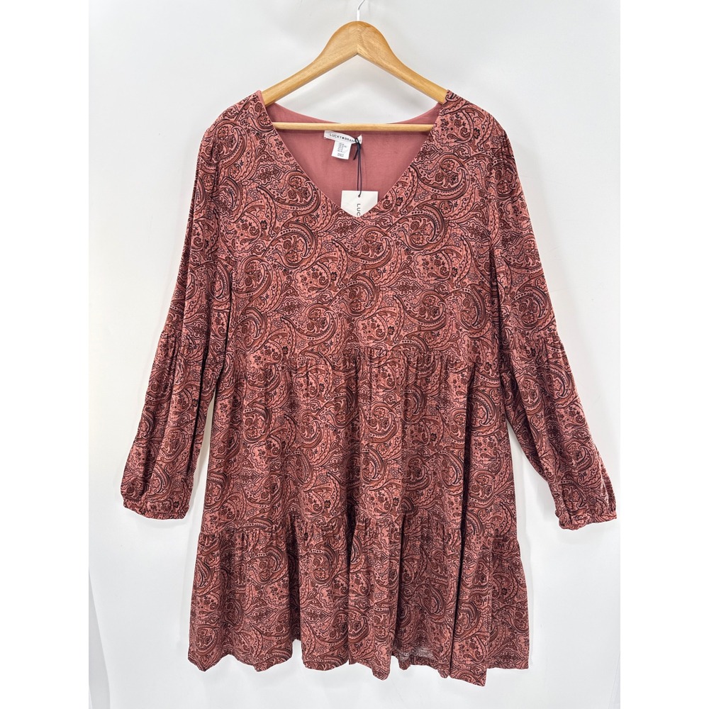 Lucky Brand Rayon Dress Paisley Long Sleeve Tiered V-Neck Mini XL Western Boho